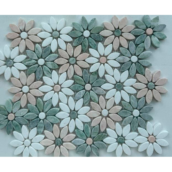 Мозаика из мрамора матовая PIX351 Thite, Jet Green, Pink Rose (чип произвольный) 32,5х29х0,8 см