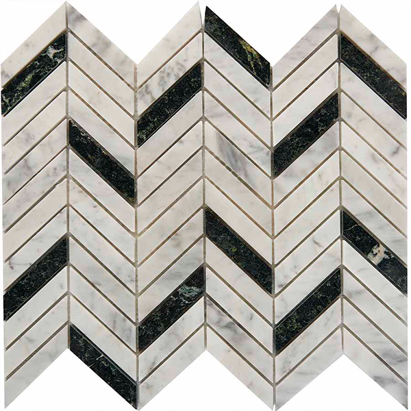 Мозаика из мрамора глянцевая PIX287 Bianco Carrara, Spider Green (1,5x0,7) 30,7х28,6х0,8 см